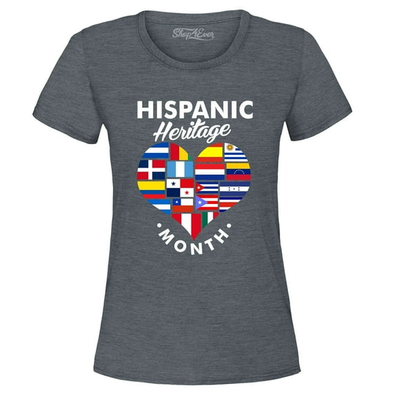 Shop4Ever Women's Hispanic Heritage Month Flag Heart Graphic T-Shirt Medium Dark Heather