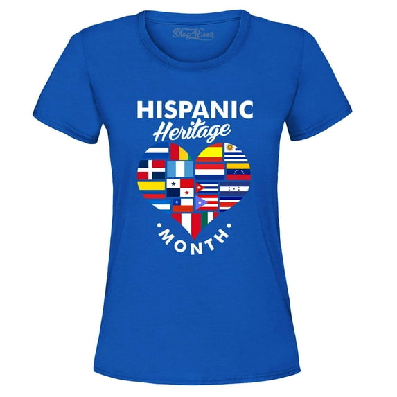 Shop4Ever Women's Hispanic Heritage Month Flag Heart Graphic T-Shirt Medium Royal Blue