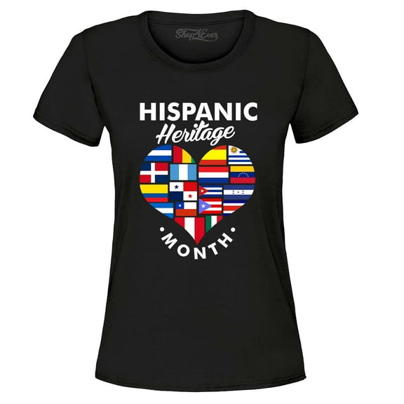 Shop4Ever Women's Hispanic Heritage Month Flag Heart Graphic T-Shirt X-Large Black