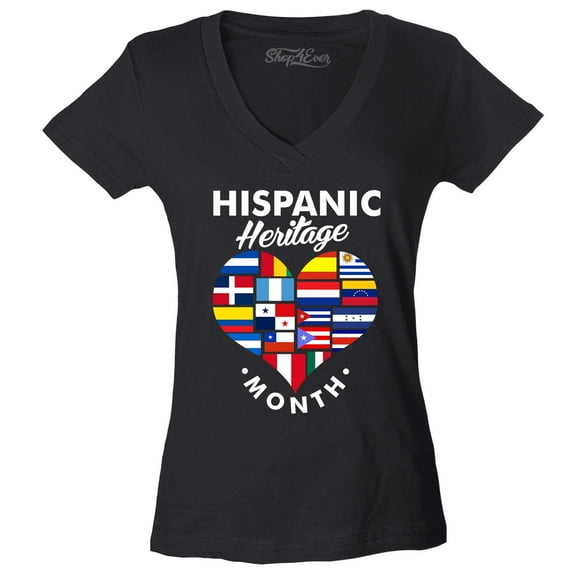Shop4Ever Women's Hispanic Heritage Month Flag Heart Slim Fit V-Neck T-Shirt Large Black