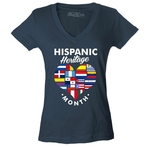 Shop4Ever Women's Hispanic Heritage Month Flag Heart Slim Fit V-Neck T-Shirt X-Large Charcoal