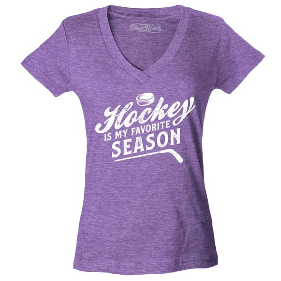Shop4Ever Women's Hockey is My Favorite Season Sports Slim Fit V-Neck T-Shirt Medium Heather Purple