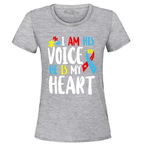 Shop4Ever Women's I Am His Voice He is My Heart Autism Awareness Graphic T-Shirt X-Large Sports Grey