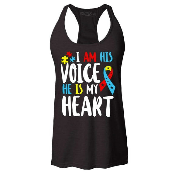 Shop4Ever Women's I Am His Voice He is My Heart Autism Awareness Racerback Tank Top X-Large Black