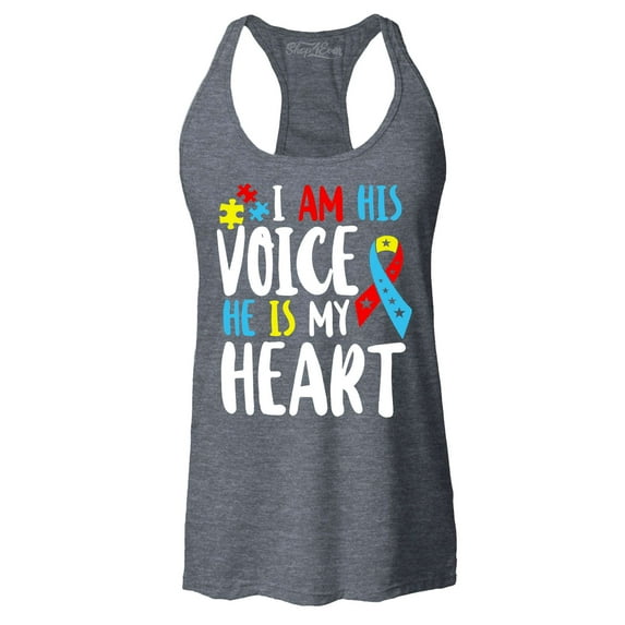 Shop4Ever Women's I Am His Voice He is My Heart Autism Awareness Racerback Tank Top X-Small Charcoal