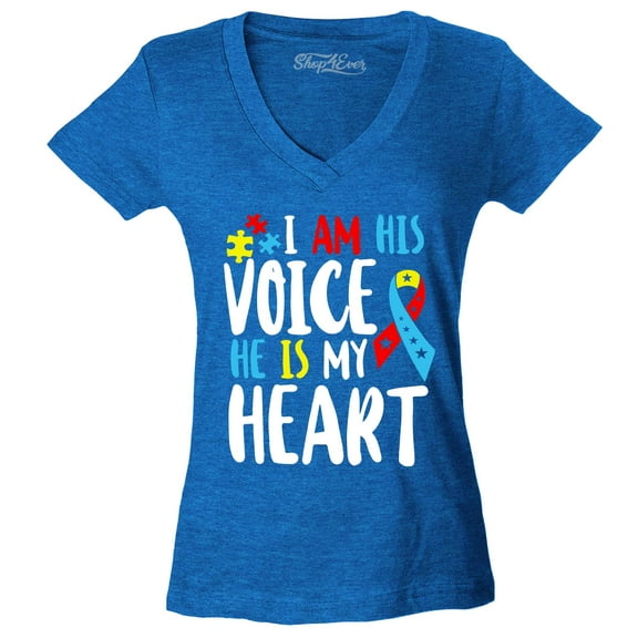 Shop4Ever Women's I Am His Voice He is My Heart Autism Awareness Slim Fit V-Neck T-Shirt Small Heather Royal Blue