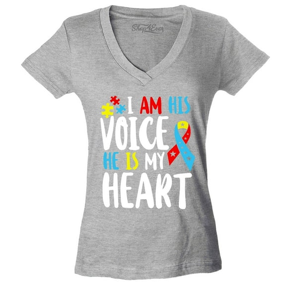 Shop4Ever Women's I Am His Voice He is My Heart Autism Awareness Slim Fit V-Neck T-Shirt X-Small Sports Grey