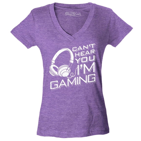 Shop4Ever Women's I Can't Hear You I'm Gaming Slim Fit V-Neck T-Shirt Medium Heather Purple