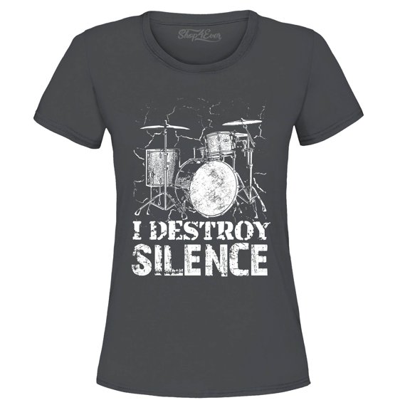 Shop4Ever Women's I Destroy Silence Drums Drummer  Graphic T-Shirt X-Large Charcoal