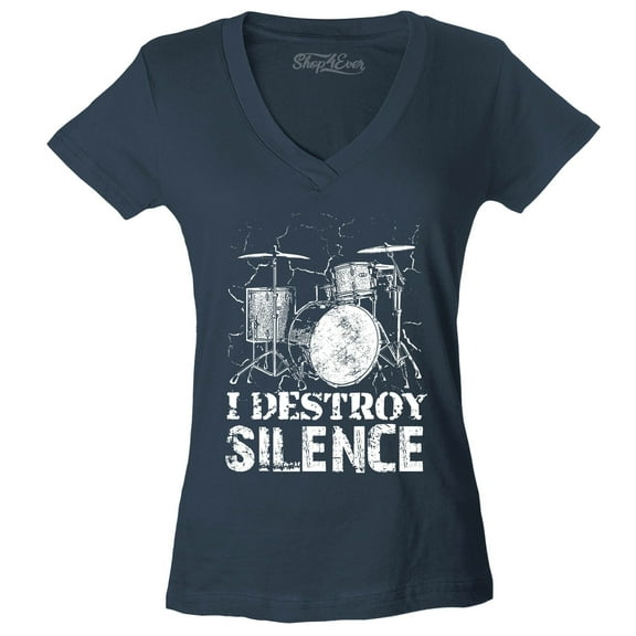 Shop4Ever Women's I Destroy Silence Drums Drummer  Slim Fit V-Neck T-Shirt Medium Charcoal