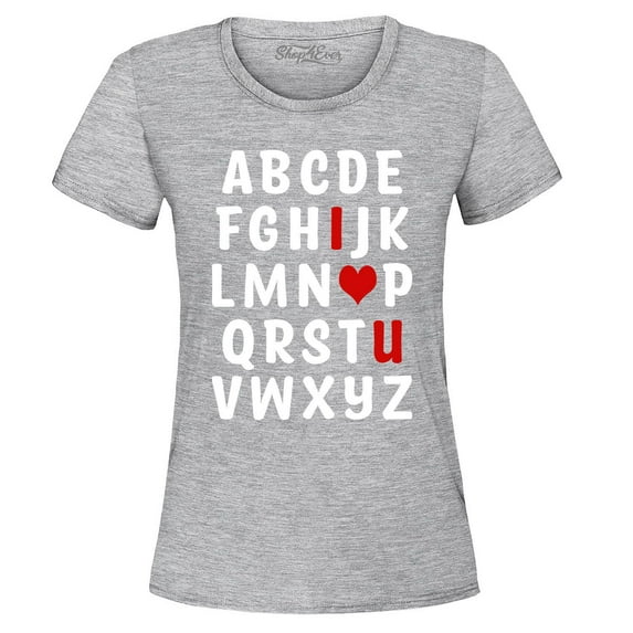 Shop4Ever Women's I Heart U ABC's Valentine's Day Love You Graphic T-Shirt X-Large Sports Grey