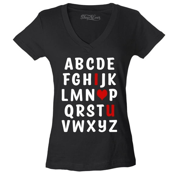 Shop4Ever Women's I Heart U ABC's Valentine's Day Love You Slim Fit V-Neck T-Shirt Medium Black