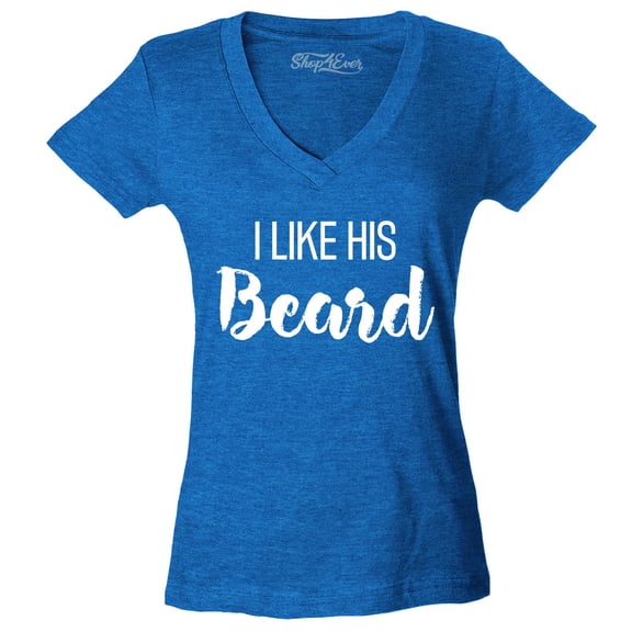 Shop4Ever Women's I Like Her Butt I Like His Beard Couples Matching Slim Fit V-Neck T-Shirt Large Heather Royal Blue