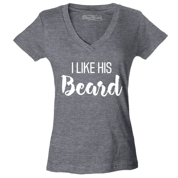 Shop4Ever Women's I Like Her Butt I Like His Beard Couples Matching Slim Fit V-Neck T-Shirt Small Heather Charcoal