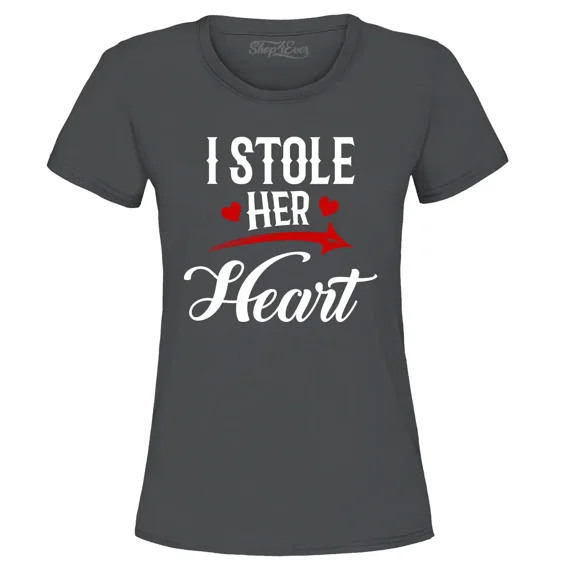 Shop4Ever Women's I Stole Her Heart Couples Matching Valentine Graphic T-Shirt X-Large Charcoal