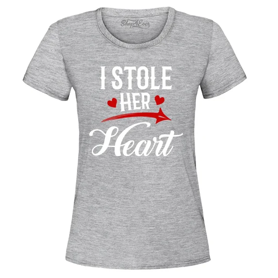 Shop4Ever Women's I Stole Her Heart Couples Matching Valentine Graphic T-Shirt X-Large Sports Grey