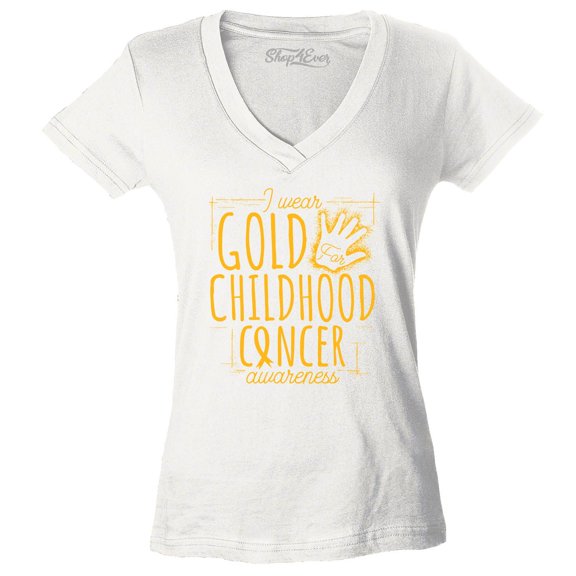 Shop4Ever Women's I Wear Gold for Childhood Cancer Awareness Slim Fit V-Neck T-Shirt XX-Large White