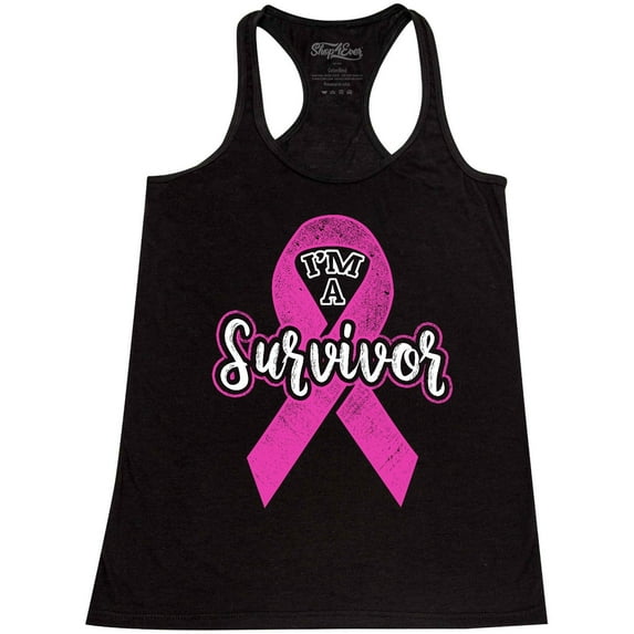 Shop4Ever Women's I'm A Survivor Breast Cancer Awareness Racerback Tank Top Medium Black