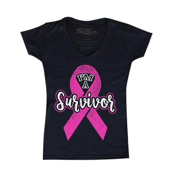 Shop4Ever Women's I'm A Survivor Breast Cancer Awareness Slim Fit V-Neck T-Shirt Large Black