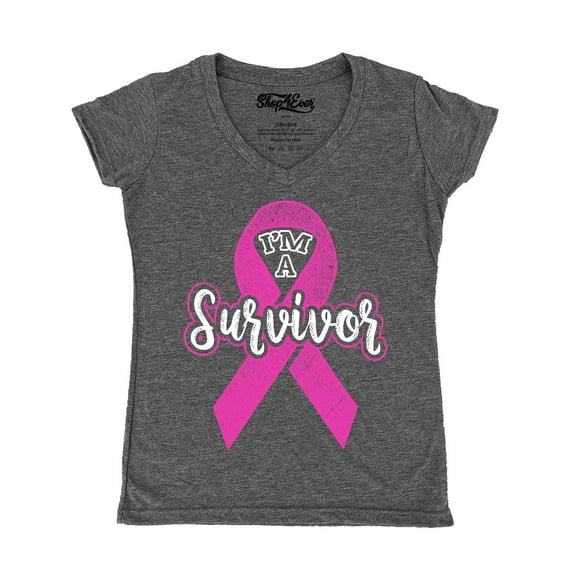 Shop4Ever Women's I'm A Survivor Breast Cancer Awareness Slim Fit V-Neck T-Shirt X-Small Heather Charcoal