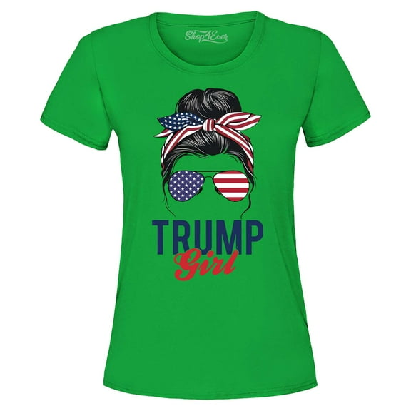 Shop4Ever Women's I'm A Trump Girl American Flag Sunglasses Bandana Graphic T-Shirt Large Irish Green