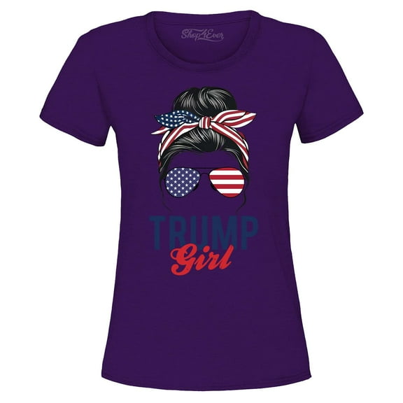 Shop4Ever Women's I'm A Trump Girl American Flag Sunglasses Bandana Graphic T-Shirt Small Purple
