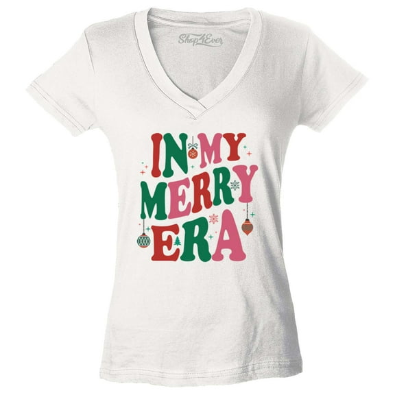 Shop4Ever Women's In My Merry Era Christmas Time Slim Fit V-Neck T-Shirt Large White
