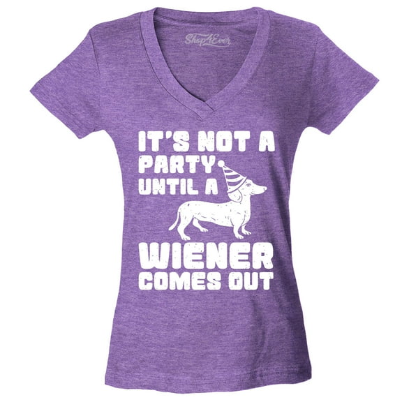 Shop4Ever Women's It's Not a Party Until The Wiener Comes Out Funny Dachshund Slim Fit V-Neck T-Shirt Medium Heather Purple