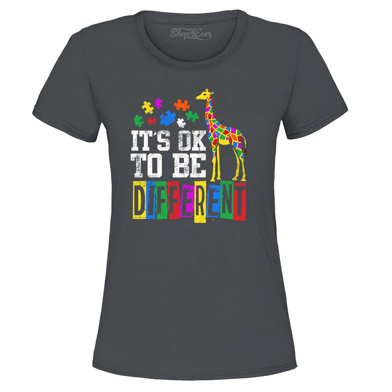 Shop4Ever Women's It's OK to Be Different Autism Awareness Giraffe Graphic T-Shirt Medium Charcoal