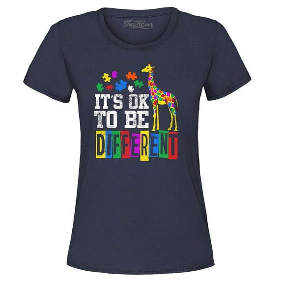 Shop4Ever Women's It's OK to Be Different Autism Awareness Giraffe Graphic T-Shirt Small Navy