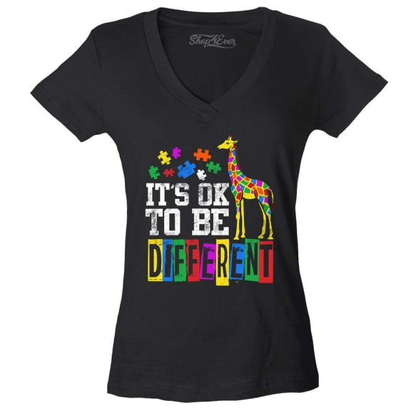 Shop4Ever Women's It's OK to Be Different Autism Awareness Giraffe Slim Fit V-Neck T-Shirt Small Black