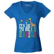 Shop4Ever Women's It's OK to Be Different Autism Awareness Giraffe Slim Fit V-Neck T-Shirt X-Large Heather Royal Blue