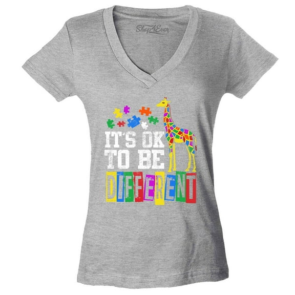 Shop4Ever Women's It's OK to Be Different Autism Awareness Giraffe Slim Fit V-Neck T-Shirt X-Small Sports Grey