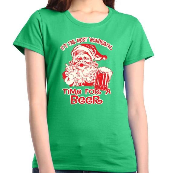 Shop4Ever Women's It's The Most Wonderful Time For A Beer Santa Graphic T-Shirt Medium Irish Green
