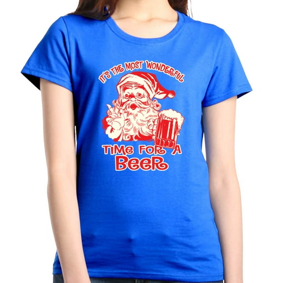 Shop4Ever Women's It's The Most Wonderful Time For A Beer Santa Graphic T-Shirt Small Royal Blue