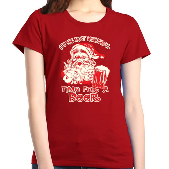 Shop4Ever Women's It's The Most Wonderful Time For A Beer Santa Graphic T-Shirt X-Large Red