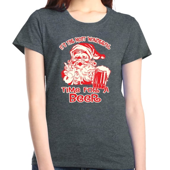 Shop4Ever Women's It's The Most Wonderful Time For A Beer Santa Graphic T-Shirt XX-Large Dark Heather