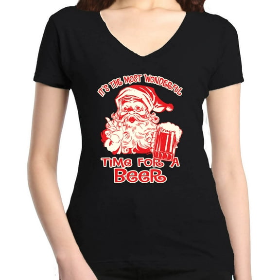 Shop4Ever Women's It's The Most Wonderful Time For A Beer Santa Slim Fit V-Neck T-Shirt Large Black