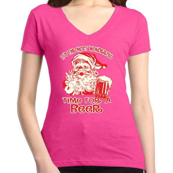 Shop4Ever Women's It's The Most Wonderful Time For A Beer Santa Slim Fit V-Neck T-Shirt Small Pink