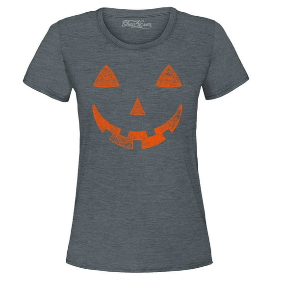 Shop4Ever Women's Jack O'Lantern Costume Pumpkin Face Halloween Graphic T-Shirt Large Dark Heather