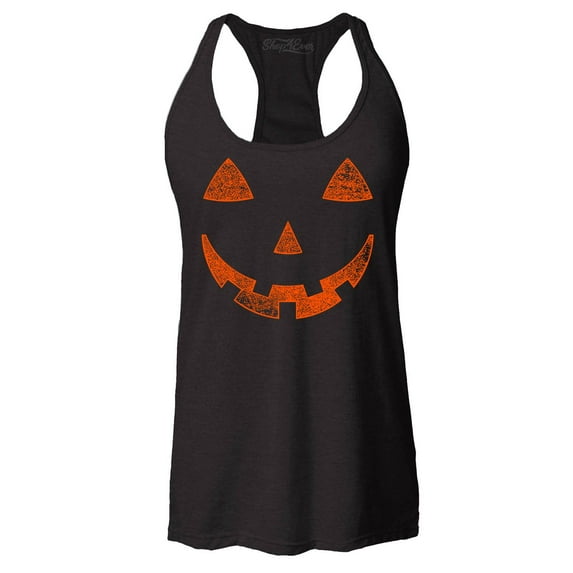 Shop4Ever Women's Jack O'Lantern Costume Pumpkin Face Halloween Racerback Tank Top Large Black