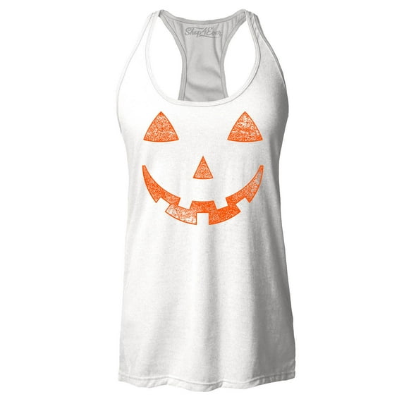 Shop4Ever Women's Jack O'Lantern Costume Pumpkin Face Halloween Racerback Tank Top Medium White