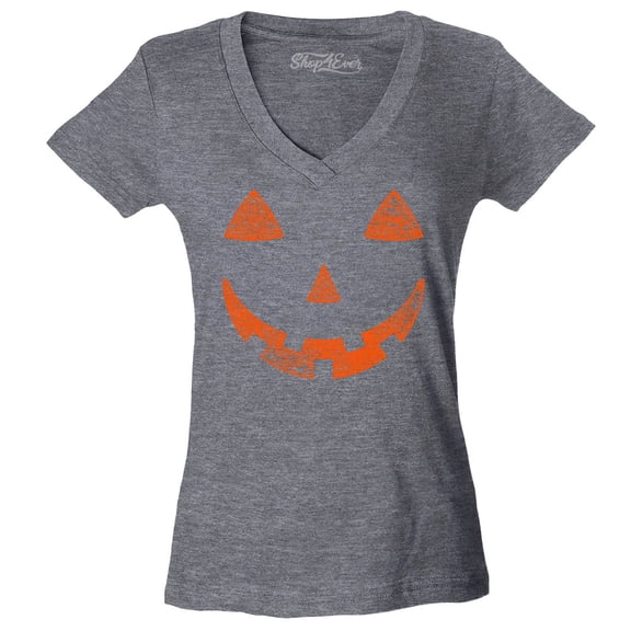 Shop4Ever Women's Jack O'Lantern Costume Pumpkin Face Halloween Slim Fit V-Neck T-Shirt Small Heather Charcoal