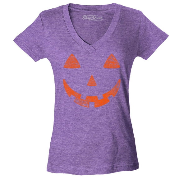 Shop4Ever Women's Jack O'Lantern Costume Pumpkin Face Halloween Slim Fit V-Neck T-Shirt Small Heather Purple