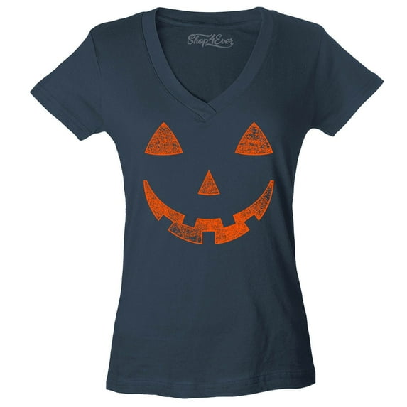 Shop4Ever Women's Jack O'Lantern Costume Pumpkin Face Halloween Slim Fit V-Neck T-Shirt X-Large Charcoal