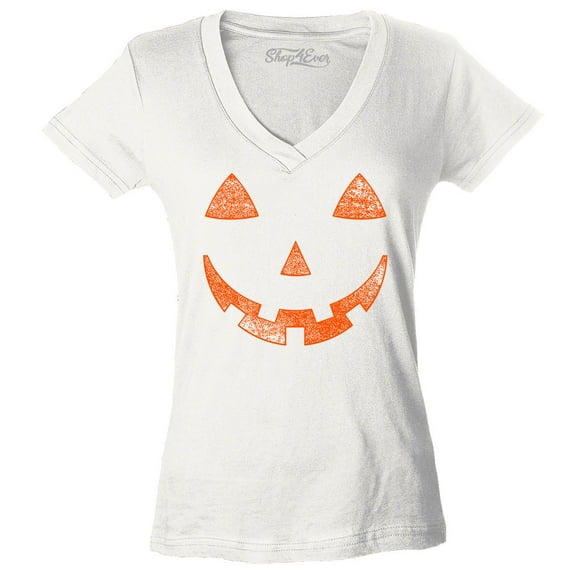 Shop4Ever Women's Jack O'Lantern Costume Pumpkin Face Halloween Slim Fit V-Neck T-Shirt X-Small White