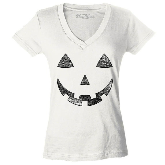 Shop4Ever Women's Jack O' Lantern Halloween Pumpkin Costume Slim Fit V-Neck T-Shirt XX-Large White