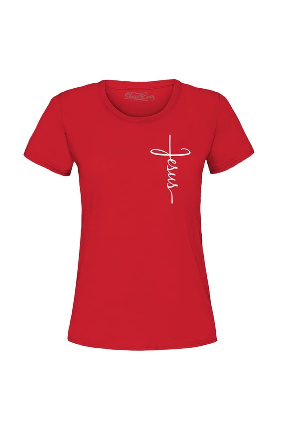 Women's Jesus Cross Cursive Script Small  Graphic T-Shirt Large Red