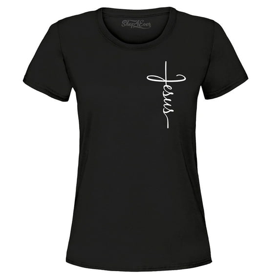 Shop4Ever Women's Jesus Cross Cursive Script Small Graphic T-Shirt X-Large Black