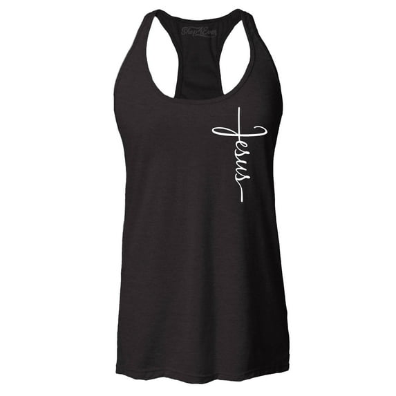Shop4Ever Women's Jesus Cross Cursive Script Small Racerback Tank Top Small Black